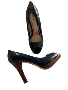 Alfani Navy Blue Leather Peep-Toe Platform Heels Sz 9.5 With Wood Stacked Heel